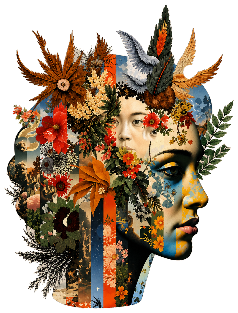 A head in profile composed of flowers, feathers, leaves and fragments of faces — the visual identity of Beyond the Looking Glass